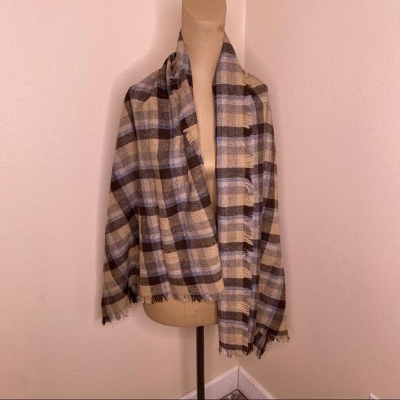 Wool Blend Brown and Cream Plaid Wrap - Picture 2 of 9